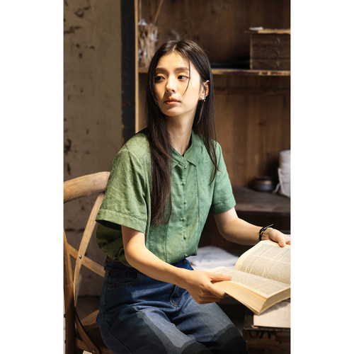 solighter法式立领提花亚麻衬衫
