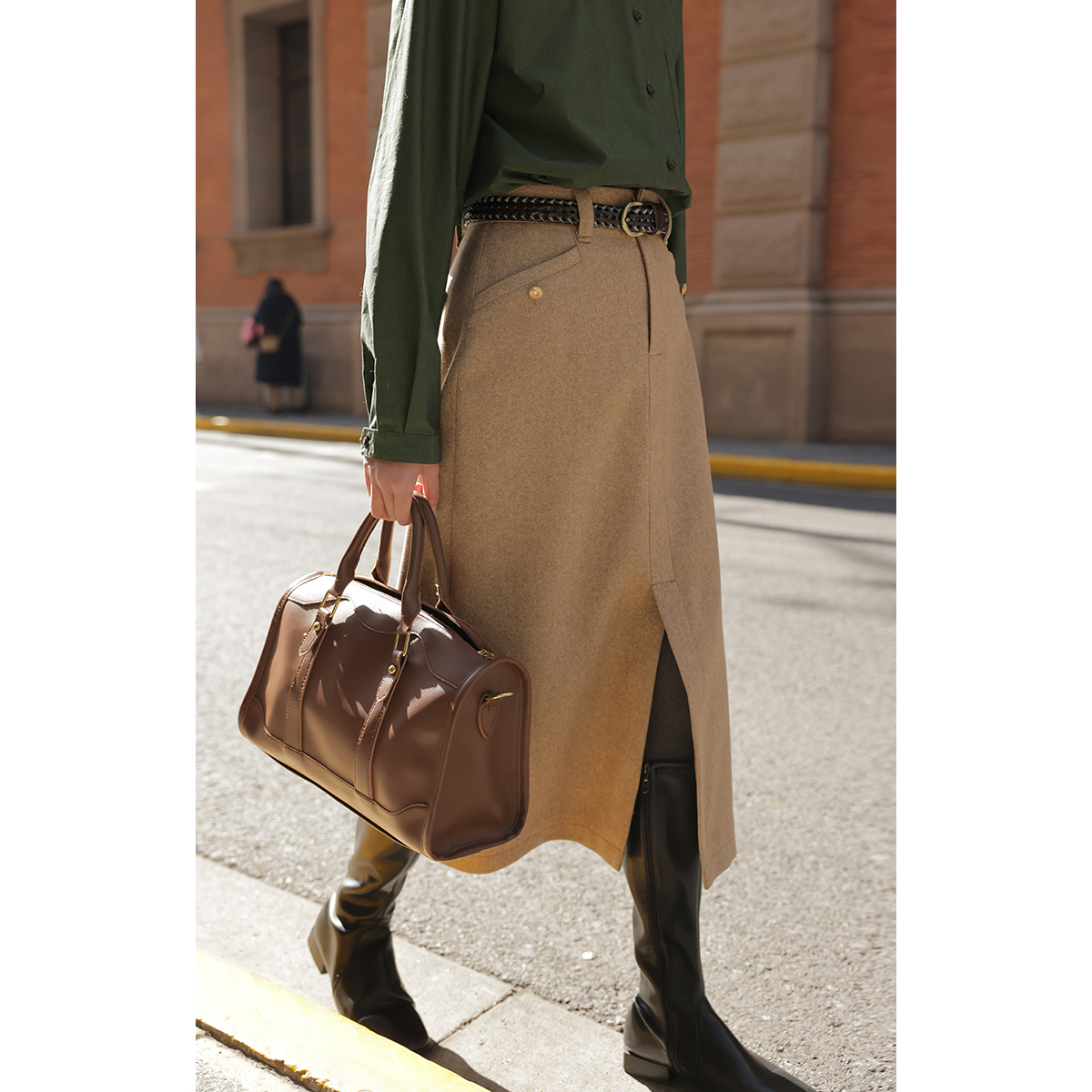 solighter毛呢复古直筒半身裙