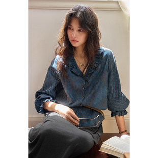 宽松长袖 solighter法式 2025新款 女秋季 衬衣 复古V领荷叶边格子衬衫