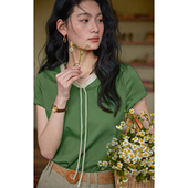 法式 莱赛尔绿色v领系带T恤女夏季 2025新款 solighter 正肩短袖 上衣