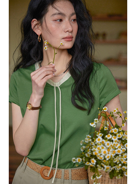 solighter 法式莱赛尔绿色v领系带T恤女夏季2025新款正肩短袖上衣