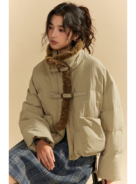 solighter 90白鸭绒立领毛领短款羽绒服女冬季复古小个子厚外套