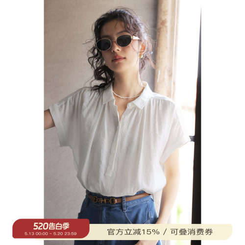 solighter法式亚麻连袖短袖衬衫