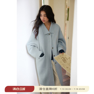 solighter 骆驼绒羊毛蓝色翻领茧型双面呢大衣女秋冬新款毛呢外套