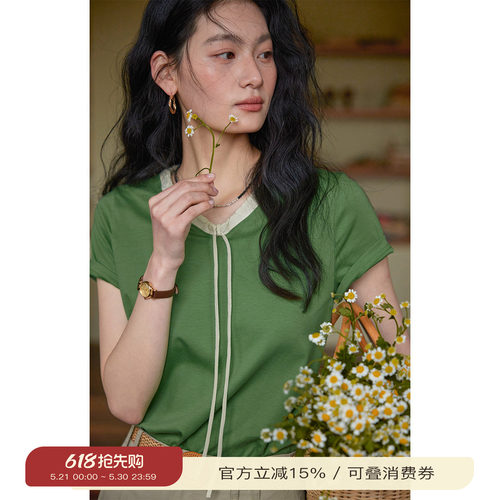 solighter法式莱赛尔v领系带T恤