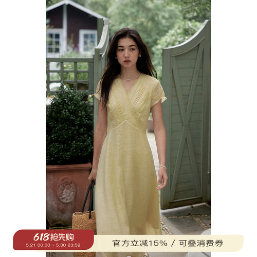 solighter法式苎麻v领短袖连衣裙