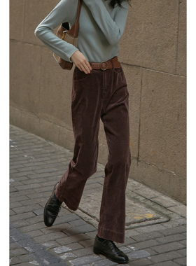 solighter法式复古灯芯绒长裤2025秋季新款独特高腰微喇设计裤子