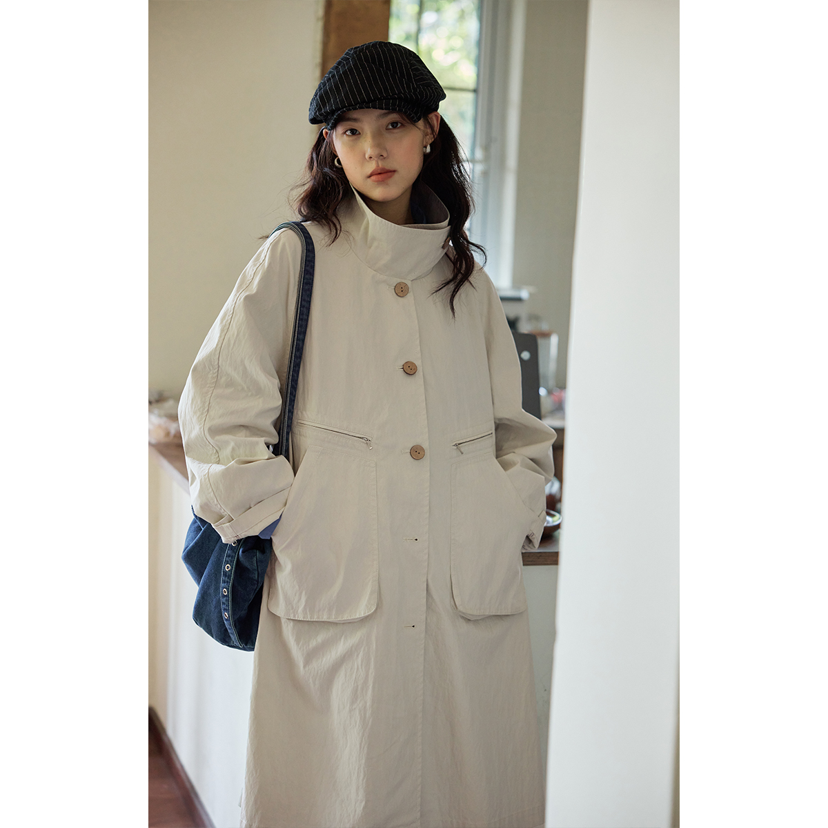 solighter撞色立领中长款风衣