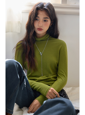 solighter 100%羊毛无缝一体打底衫女秋冬2025新款堆堆领针织上衣