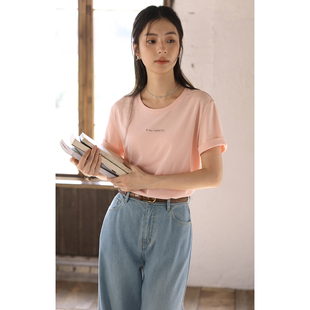 2025新款 solighter 法式 粉色字母绣花正肩T恤女夏季 上衣 显瘦短袖