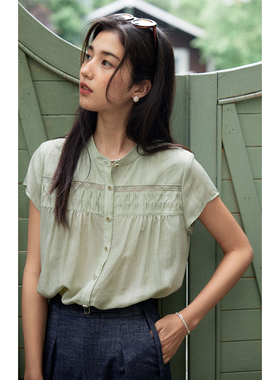 solighter 法式莱赛尔立领短袖衬衫女夏季2025新款宽松花边小衫
