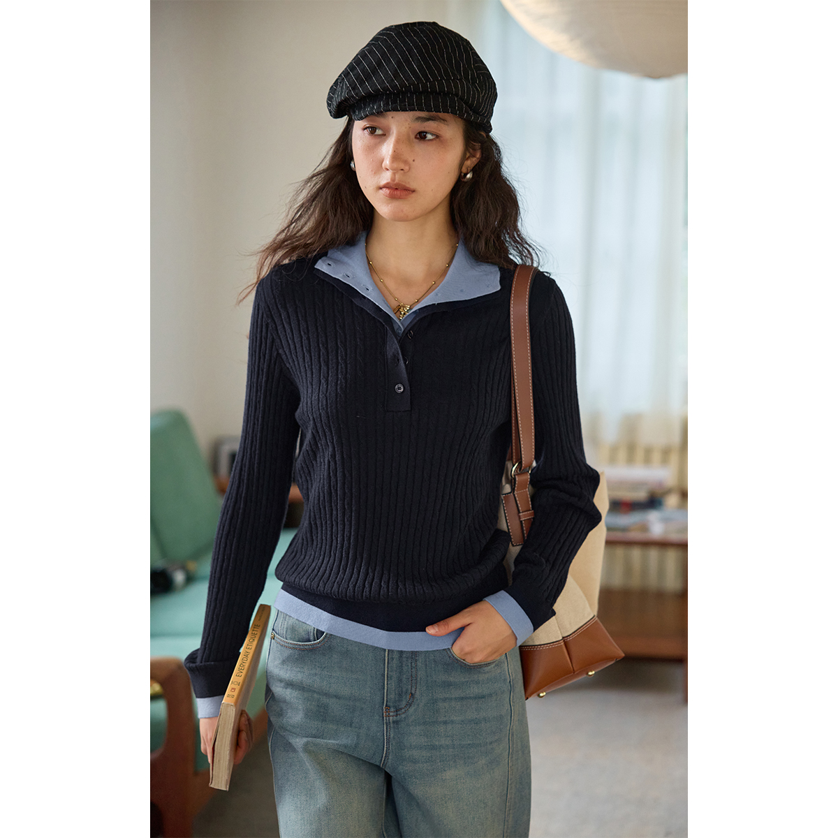 solighter羊毛绞花假两件针织衫