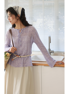 solighter 法式天丝羊毛绿色针织衫女秋季2025新款薄款针织上衣