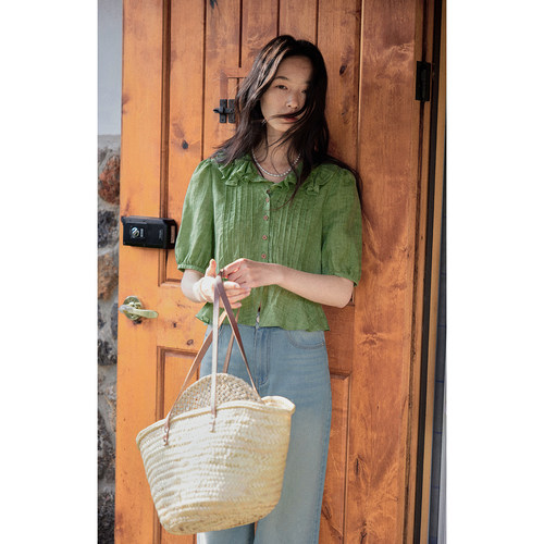 solighter法式荷叶边收腰衬衫