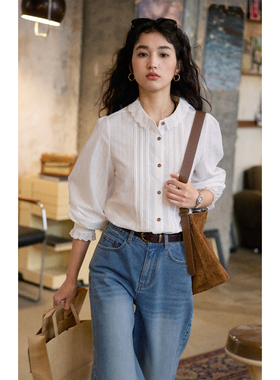 solighter 法式复古白色花边领长袖衬衫女秋冬2025新款显瘦上衣