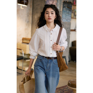 女秋冬2025新款 solighter 衬衫 复古白色花边领长袖 显瘦上衣 法式