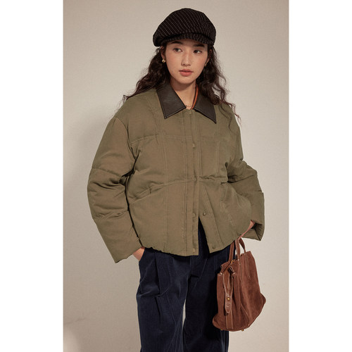 solighter拼接皮领短款羽绒服