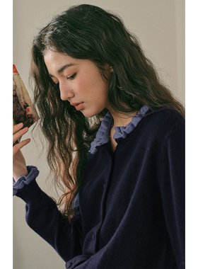 solighter 100%羊毛双层撞色木耳边针织开衫女秋冬新款内搭针织衫