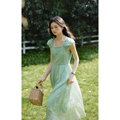 2025新款 solighter 连衣裙夏季 重工立体绣花无袖 方领收腰长裙 法式