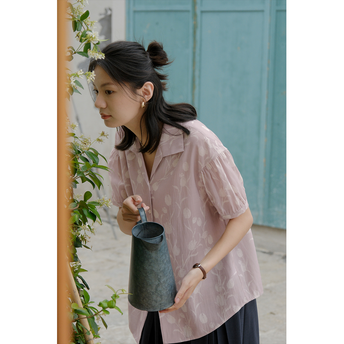 solighter法式碎花宽松短袖衬衫