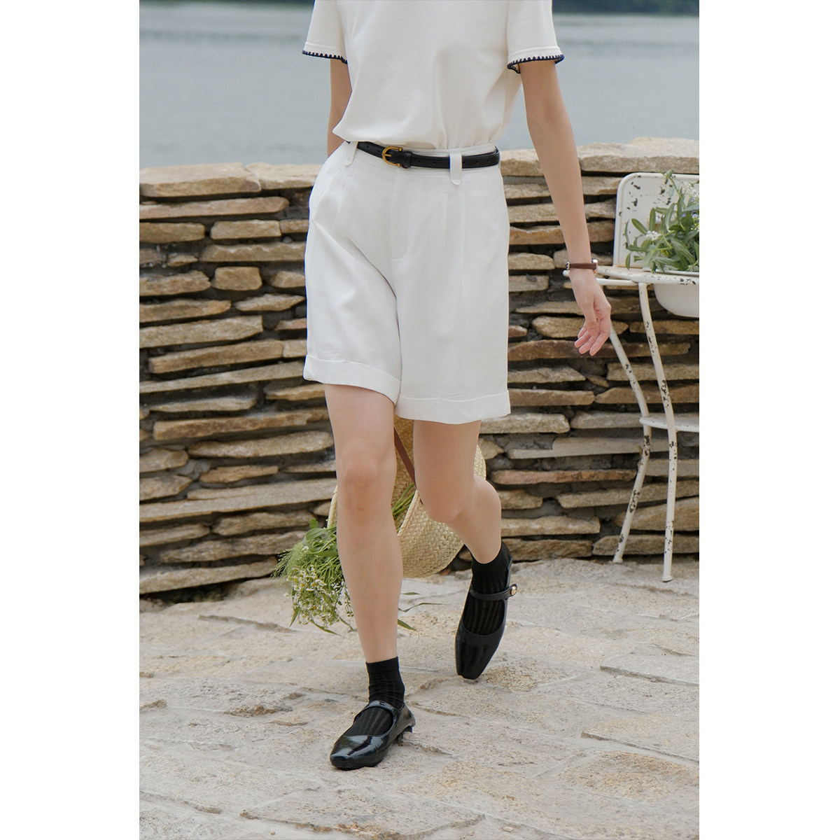 solighter 法式白色卷边休闲短裤女夏季新款高腰直筒宽松五分裤子,女装/女士精品,休闲裤,淘宝优惠券,粉丝福利购,淘宝优惠卷