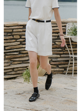 solighter 法式白色卷边休闲短裤女夏季新款高腰直筒宽松五分裤子
