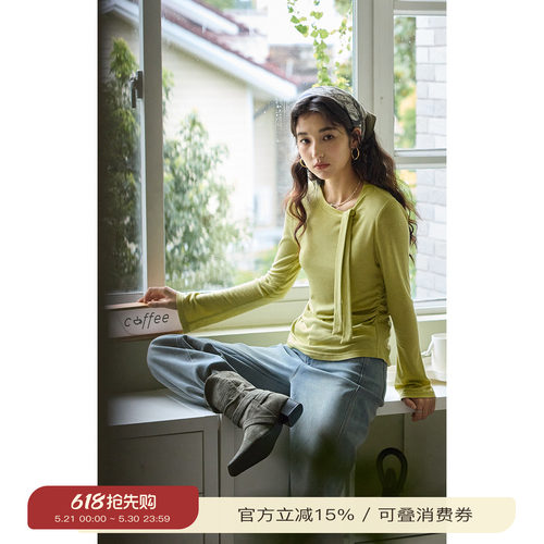 solighter法式绑带收腰长袖T恤