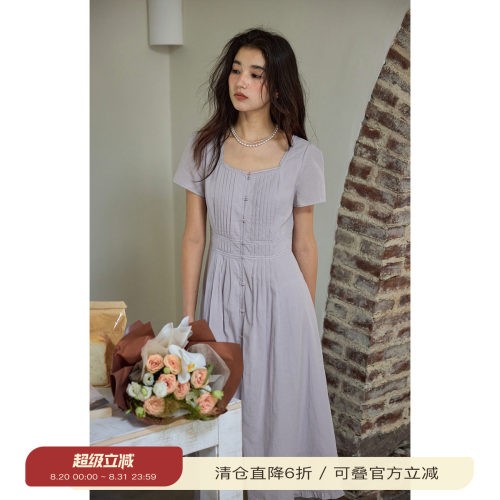 solighter法式方领木耳边连衣裙