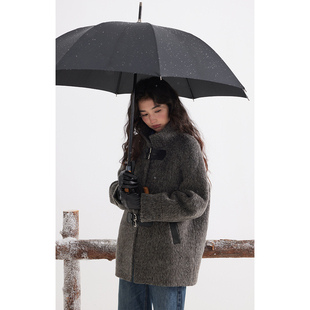 新款 羊毛一手长双面呢大衣女冬季 撞色皮袢毛呢外套 法式 solighter