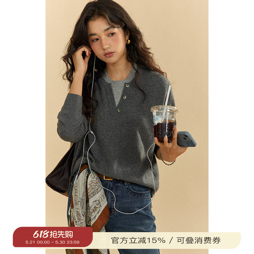 solighter羊毛假两件套头针织衫