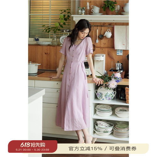 solighter法式苎麻系带连衣裙