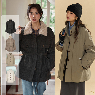 Solighter 90白鸭绒可拆卸两件套羽绒服/圈圈羊毛收腰毛呢外套女