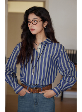solighter 法式复古蓝色条纹衬衫女秋季2025新款宽松显瘦长袖上衣