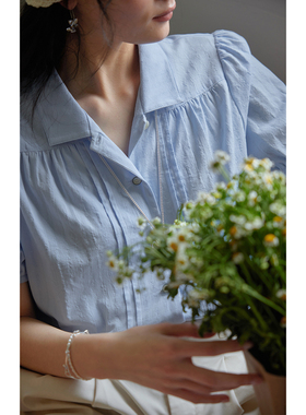 solighter 法式蓝色泡泡袖衬衫女夏季2025新款宽松翻领短袖上衣