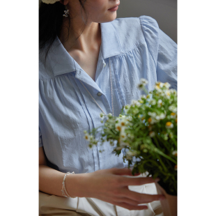 衬衫 蓝色泡泡袖 女夏季 2025新款 上衣 solighter 宽松翻领短袖 法式