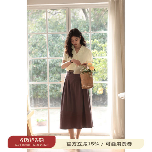 solighter 法式白色a字半身裙女春季高腰显瘦伞裙