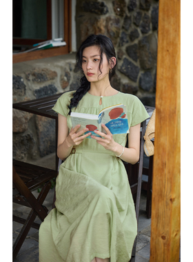solighter 法式莱赛尔绿色提花连衣裙夏季2025新款一粒扣收腰长裙
