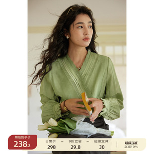 solighter 衬衫 女春季 9折 复古v领花边长袖 零点新品 法式