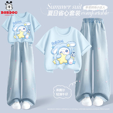 巴布豆女童夏套装2025新款夏装儿童衣服纯棉短袖T恤大童裤子童装