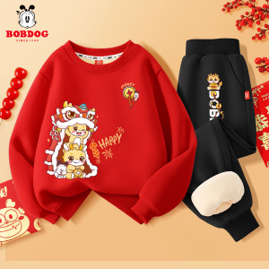 巴布豆童装女童汉服秋冬国风红色加绒卫衣男童2024龙年儿童拜年服