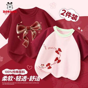 巴布豆童装女童t恤短袖2026新款夏薄款大童红色上衣洋气儿童夏装