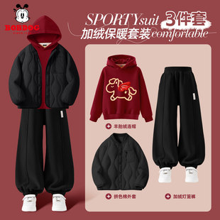 巴布豆男童马年过年套装2026新款儿童过冬三件套加绒防寒红色卫衣
