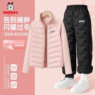 巴布豆女童套装加厚2025新款儿童黑色羽绒裤冬装女孩内胆校服神器