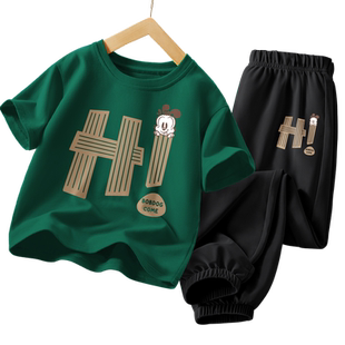 巴布豆男童套装夏季2026新款冰丝短袖t恤帅气男孩运动服儿童夏装