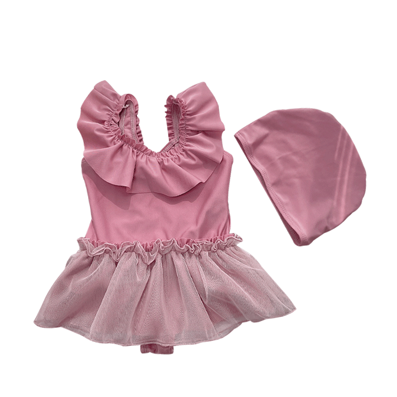 女童泳衣新款公主风网纱裙式连体女孩游泳衣ins度假中小童泳装