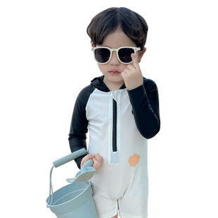 卡通儿童游泳衣男孩连帽长袖防晒速干连体泳衣婴幼儿宝宝可爱泳装