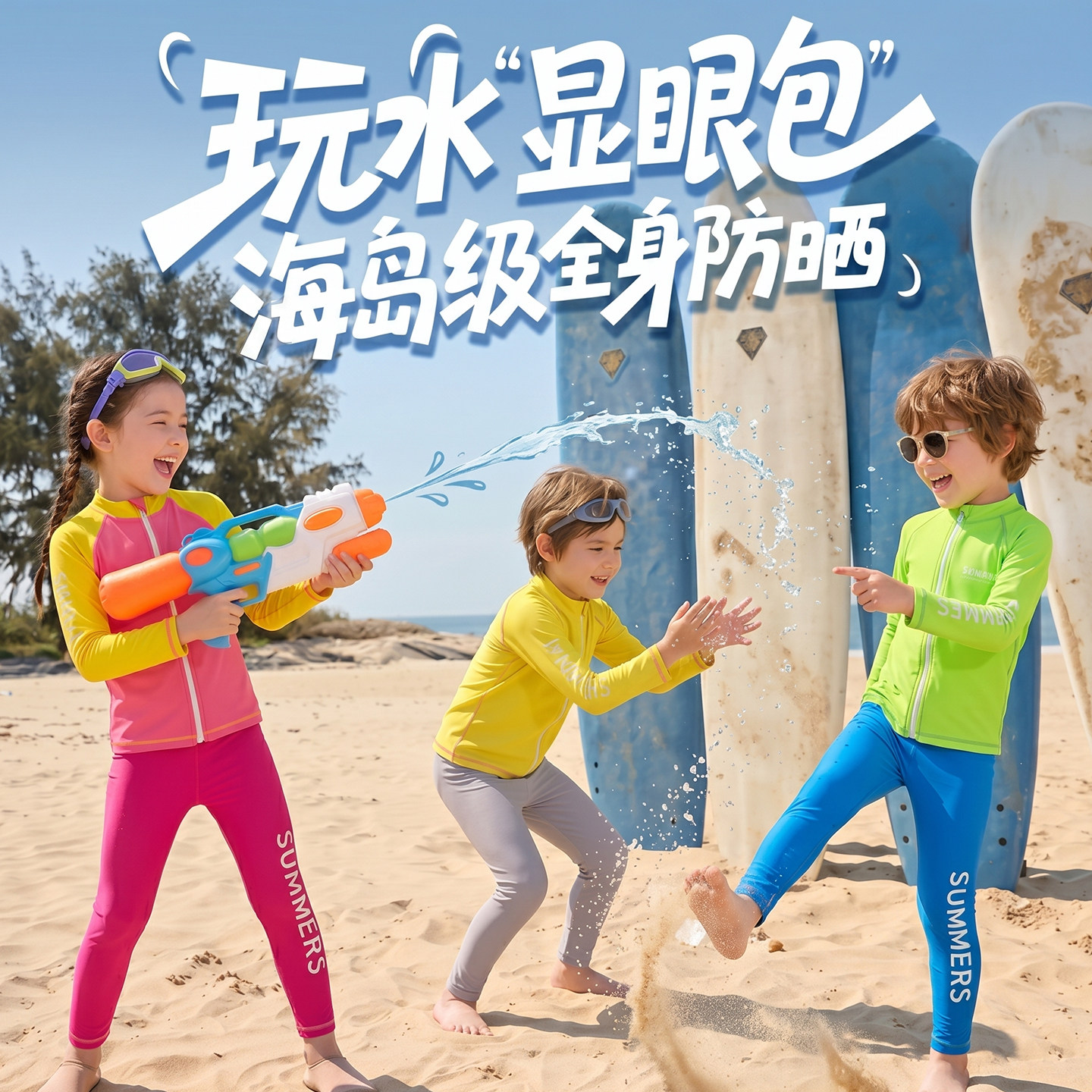 儿童泳衣男童女孩中大童长袖防晒分体游泳衣学游泳速干荧光色泳装