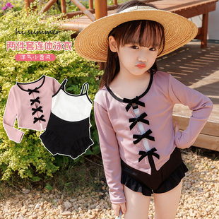 套装 连体蝴蝶结罩衫 防晒游泳衣洋气吊带女孩泳衣 可爱女童长袖 新款