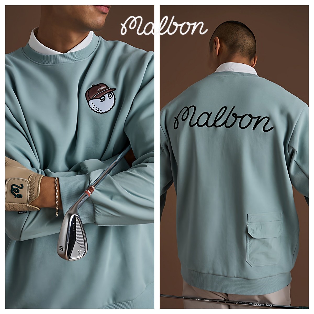 春秋Malbon男士高尔夫卫衣蓝色卡通刺绣套头运动上衣户外时尚球服