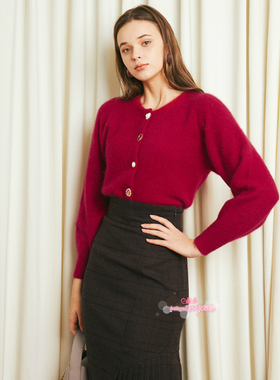 限定新年红 S家2021新款毛绒绒珍珠钻扣针织毛衣开衫SWNT214218